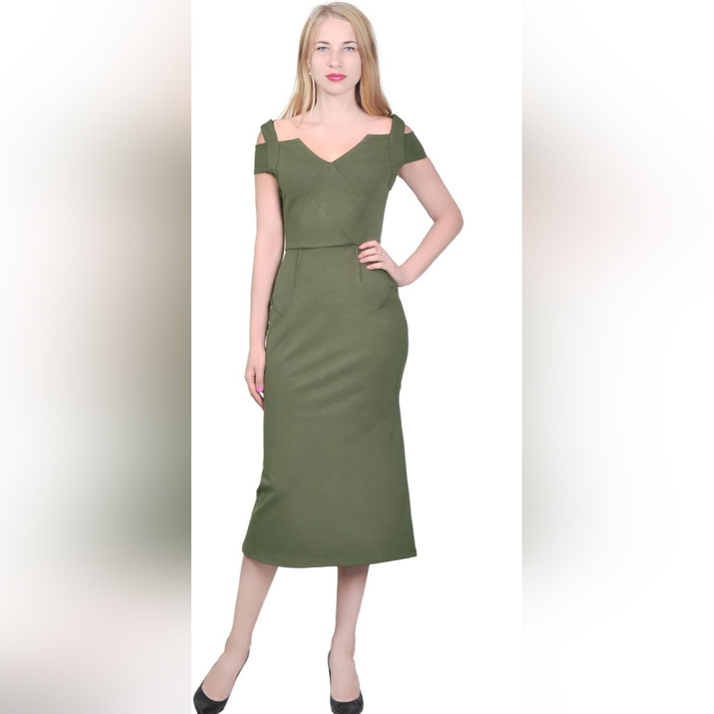 Woman's Marycraft Olive Off Shoulder Cocktail Party Evening Mermaid Midi Dress